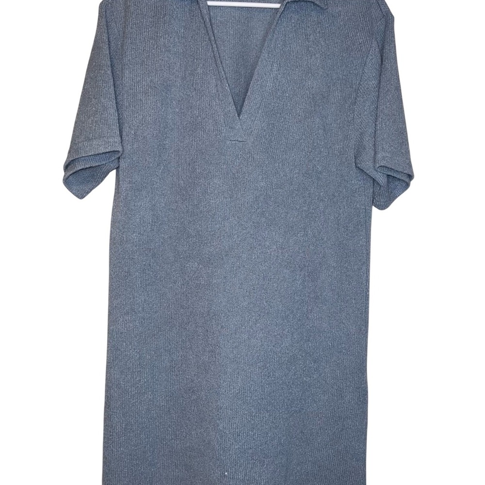 HM Blue Ribbed Knit Polo Dress Short Sleeve V-Neck Midi Size M 268935